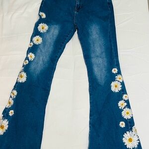 Groovy Blue Flare Jeans with Daisy Embroidery